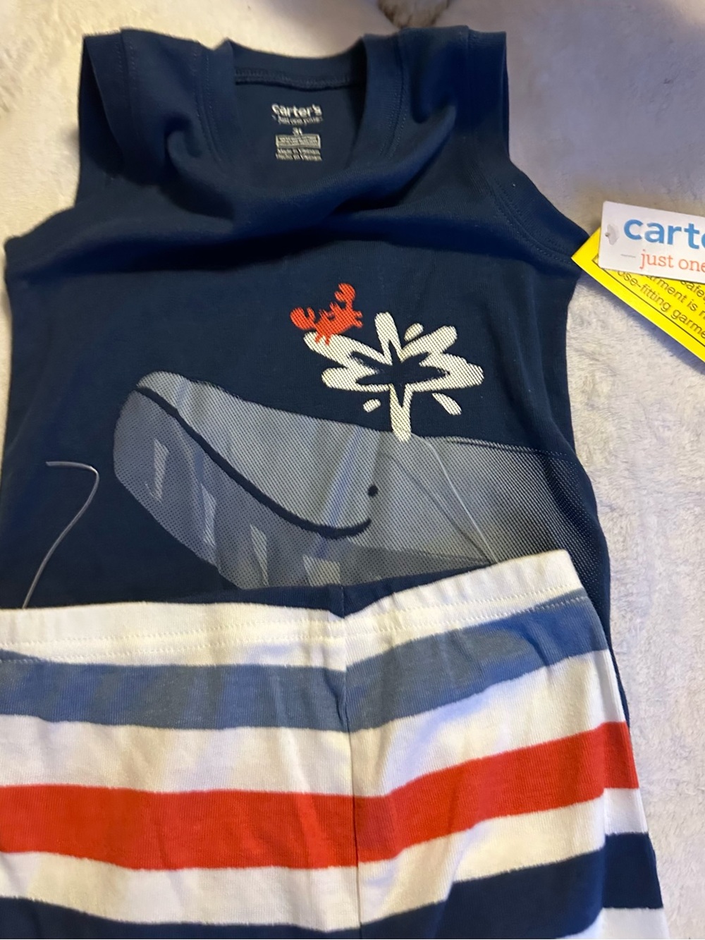 Carter's Navy Blue Whale One-Piece with Red and White Stripes